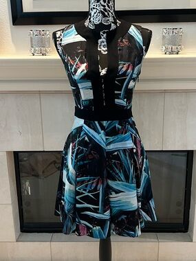 Vintage Bebe black Abstract Print Fit-and-Flare Dress with Blue Accents